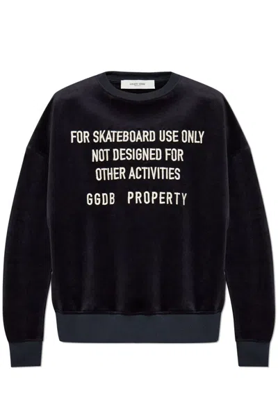 Golden Goose Slogan Embroidered Crewneck Velvet Swetashirt In Black