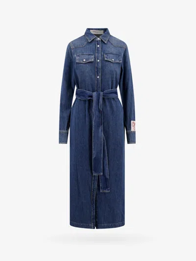 Golden Goose Chemisier Midi Dress With Classic Collar And Belted Waist In Blue