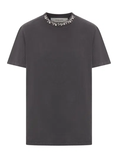 Golden Goose -inspired Distressed Cotton T-shirt With Crystal Cabochon Detail In Gray