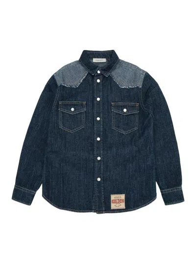 Golden Goose Kids Shirt In Blue Chambray With Reverse Details And Embroidered Logo
