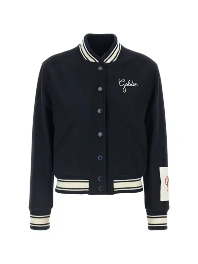 Golden Goose Dirce Bomber Jacket Contrast Patches Ribbed Collar In Blue