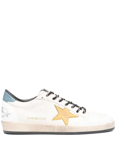 Golden Goose Distressed Effect Ball Star Trainers In Nappa With Gold Star And Light Blue Heel Tab Sh
