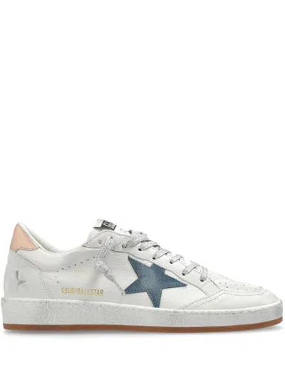 Golden Goose Distressed Effect Ball Star Sneakers With Blue Suede Star And Bronze Leather Heel Tab S In White
