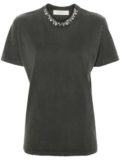 Golden Goose Distressed Grey Cotton T-shirt With Crystal Embellishments In Gray