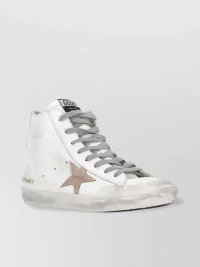 Golden Goose Distressed Leather High Top Sneakers With Star Patch In White