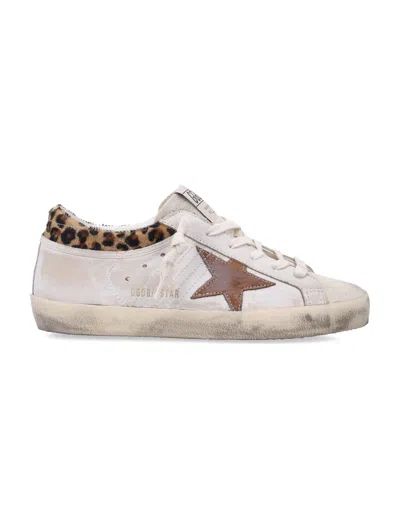 Golden Goose Super-star Sneakers In Suede With Worn Effect And Leopard Print Hairy Cow In White