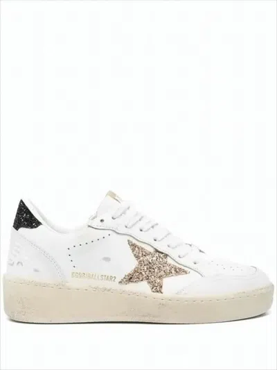 GOLDEN GOOSE DISTRESSED WHITE LEATHER SNEAKERS WITH GLITTER ACCENTS