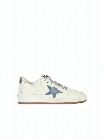 Golden Goose Distressed White Low-top Sneakers With Contrasting Blue Star In Neutral
