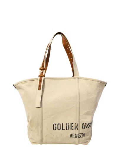 Golden Goose Ecru Leather Inserts Cotton Tote Bag In Multi