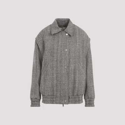 GOLDEN GOOSE ECRU WOOL HERRINGBONE BOMBER JACKET