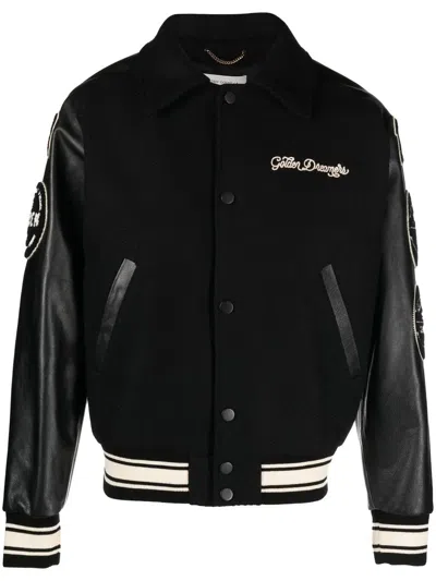 Golden Goose Bomber Compact Cloth Wool Blend Leather Sleeves College Patches Clothing In Black
