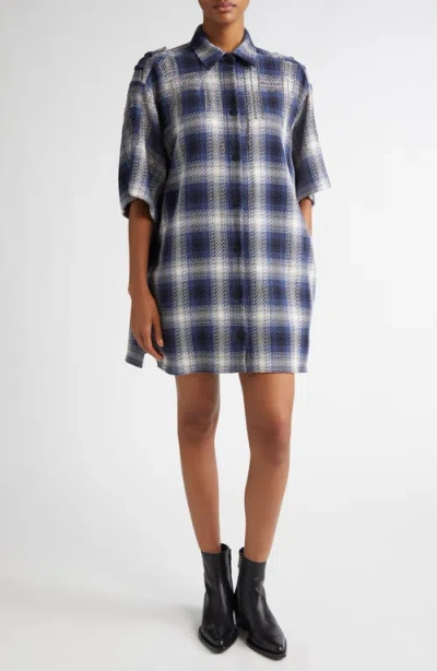 Golden Goose Embroidered Plaid Oversize Short Sleeve Button-up Shirt In Ice/indigo