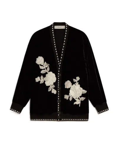 Golden Goose Floral-embroidered Velvet Cardigan In Black