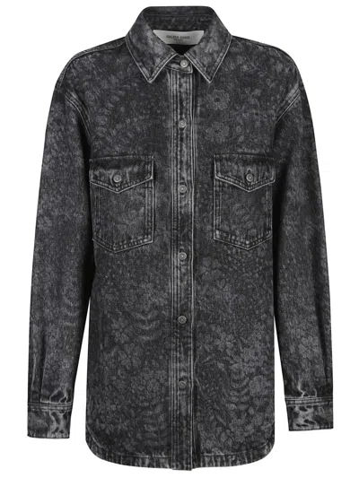 Golden Goose Floral Print Boyfriend Shirt In Washed Cotton Denim In Gray
