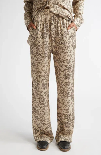 Golden Goose Floral Print Silk Blend Pajama Pants In Safari/black