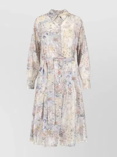 GOLDEN GOOSE FLORAL SEQUIN WAIST TIE LONG SLEEVE DRESS