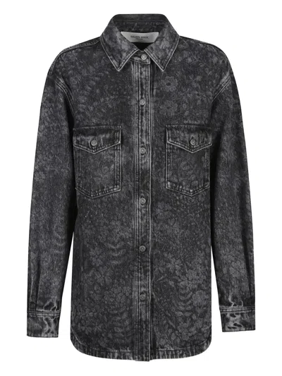 Golden Goose Floral Print Boyfriend Shirt In Washed Cotton Denim In Black