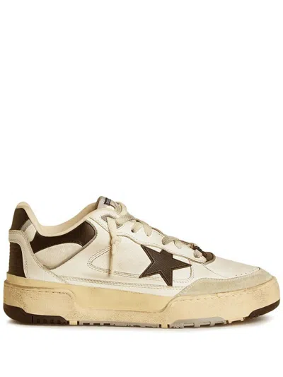 Golden Goose Forty2 Distressed Finish Leather And Fabric Sneakers With Brown Star Shoes In White
