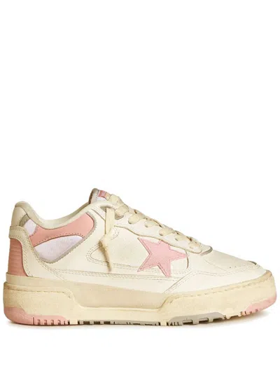 Golden Goose Forty2 Distressed Finish Leather And Fabric Sneakers With Pink Star Shoes In White