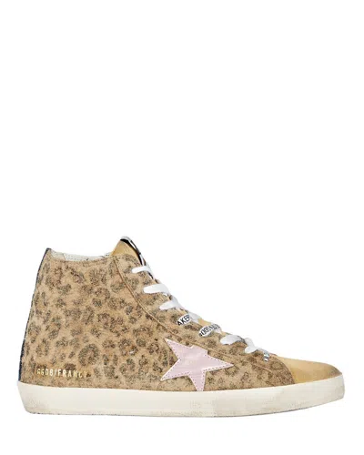 Pre-owned Golden Goose Francy Leopard Print Suede Upper Glitter Womens Distressed Sneaker In Multicolor