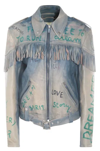 GOLDEN GOOSE FULL ZIP LEATHER JACKET WITH OLIMPIA LETTERING DETAIL