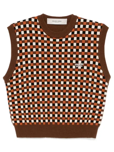 Golden Goose Gilet Roby In Maglia Di Lana A Scacchi In Brown