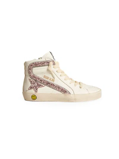 Golden Goose Girl's Glitter-embellished Leather High-top Sneakers In White Pink Silver