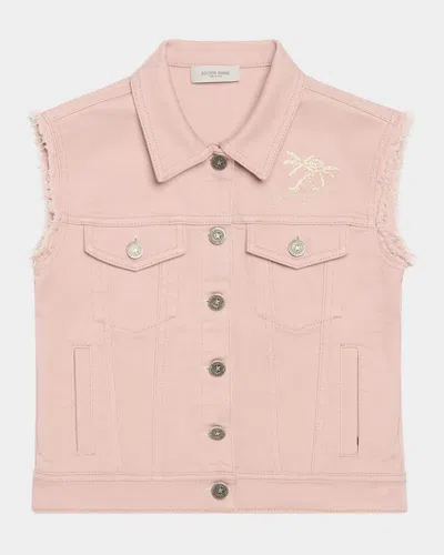 Golden Goose Kids' Girl's Journey Sleeveless Denim Jacket With Embroidery In Shadow Gray