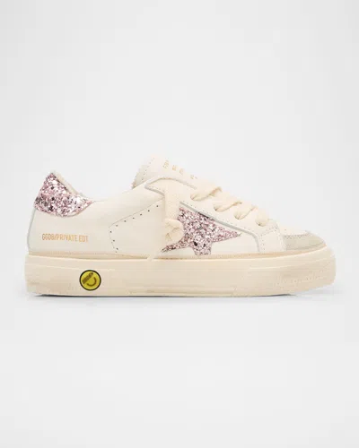 Golden Goose Kids' Girl's May Glitter Star Leather Sneakers, Baby/toddler In Whitelilac