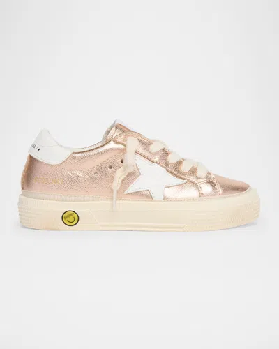 Golden Goose Girl's May Laminated Leather Low-top Sneakers, Toddler/kids In Ramewhite