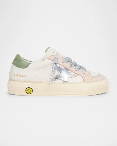 Golden Goose Kids' Girl's May Nappa Laminated Star Sneakers, Baby/toddler In Whitelight Pinkolive Green