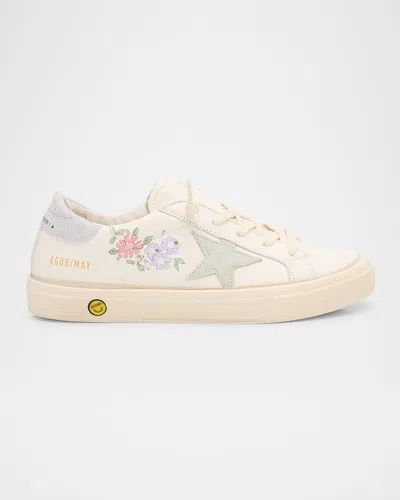 Golden Goose Kids' Girl's May Nappa Leather Painted Flowers Lace-up Sneakers, Baby/toddler In White/ice/silver