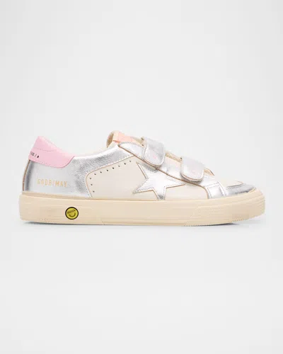 Golden Goose Kids' Leather May School Sneakers In White/silver/pink
