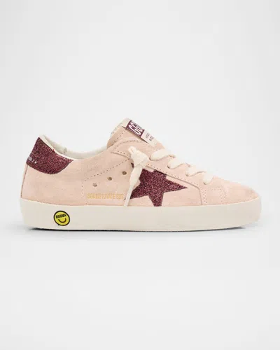 Golden Goose Kids' Girl's Super Star Suede Glitter Star Low-top Sneakers, Baby/toddler In Light Beigedark Red