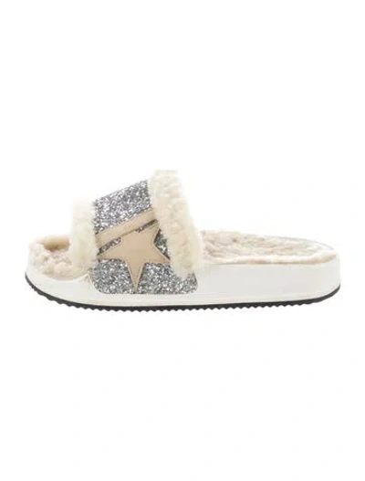 Pre-owned Golden Goose Glitter Graphic Print Slides In Metallic/silver