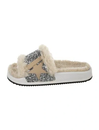 Pre-owned Golden Goose Glitter Graphic Print Slides In Neutrals/silver