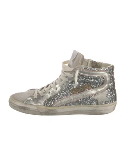 Pre-owned Golden Goose Glitter Printed Wedge Sneakers In Silver