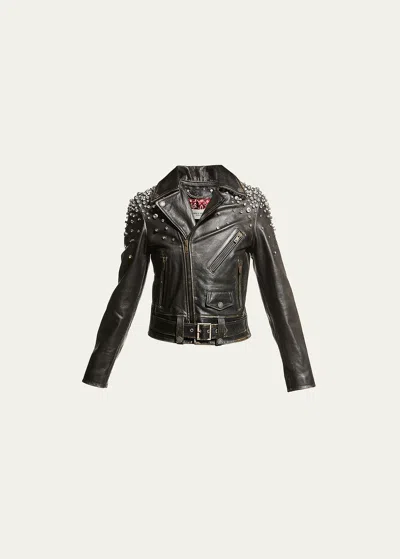 GOLDEN GOOSE GOLDEN DISTRESSED LEATHER JACKET WITH CRYSTALS