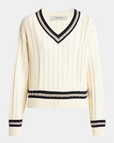 GOLDEN GOOSE GOLDEN EMBELLISHED V-NECK VARSITY SWEATER
