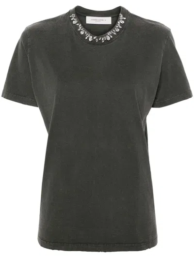 Golden Goose Distressed Grey Cotton T-shirt With Crystal Embellishments In Gray