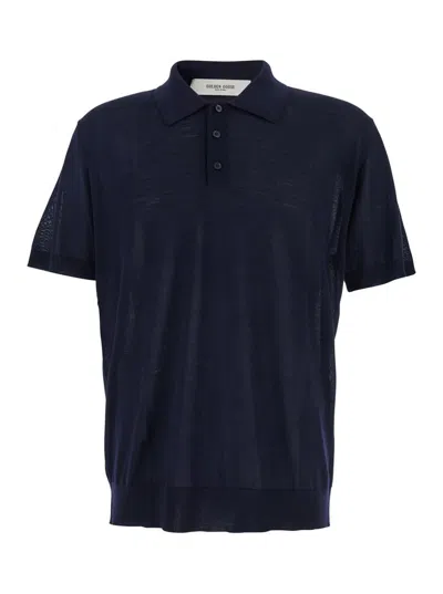 GOLDEN GOOSE BLUE POLO SHIRT WITH CLASSIC COLLAR AND SHORT SLEEVES IN WOOL MAN