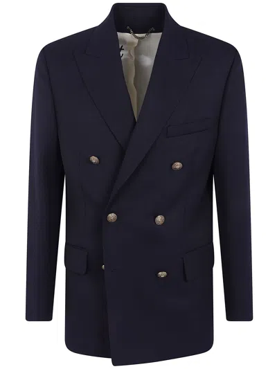 Golden Goose "golden M`s" Double Breasted Blazer Compact Gabardine Wool In Blue