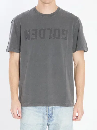 Golden Goose Green Crewneck T-shirt With Logo On The Front And Logo Patch On The Front In Dustyolive