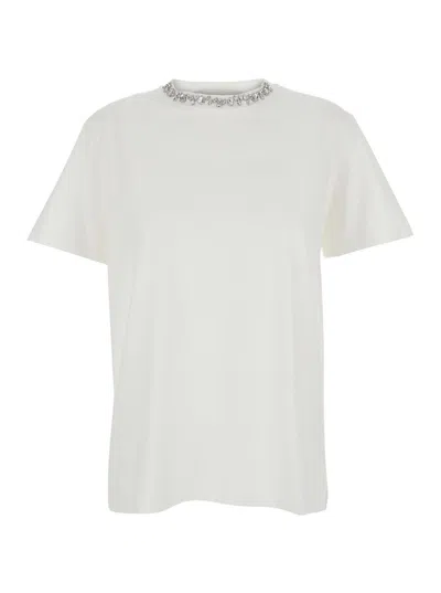 Golden Goose White Crewneck T-shirt With Rhinestone Embellishments On The Collar And Logo Detail On The Rear In C