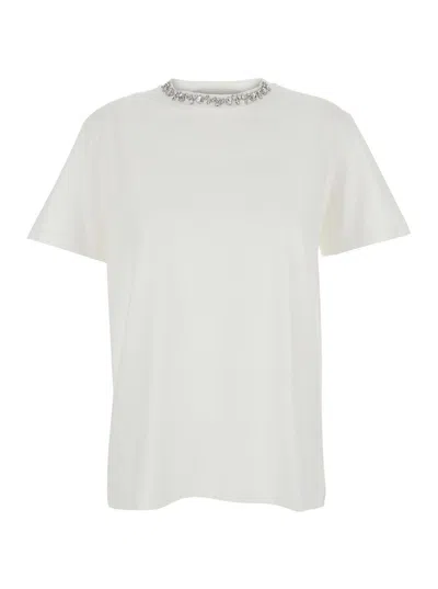 GOLDEN GOOSE WHITE CREWNECK T-SHIRT WITH RHINESTONE EMBELLISHMENTS ON THE COLLAR AND LOGO DETAIL ON THE REAR
