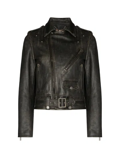 Golden Goose Golden W`s Chiodo Jacket Distressed Bull Leather In Black