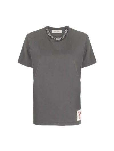 Golden Goose Golden W`s Regular T-shirt Distressed Cotton Jersey With Embroidery In Anthracite