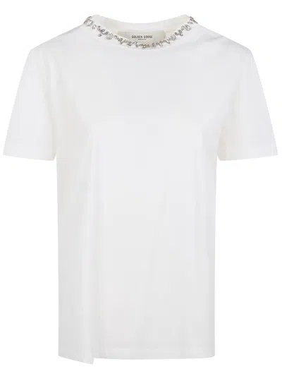 Golden Goose Regular T-shirt Distressed Cotton Jersey Embroidery In White