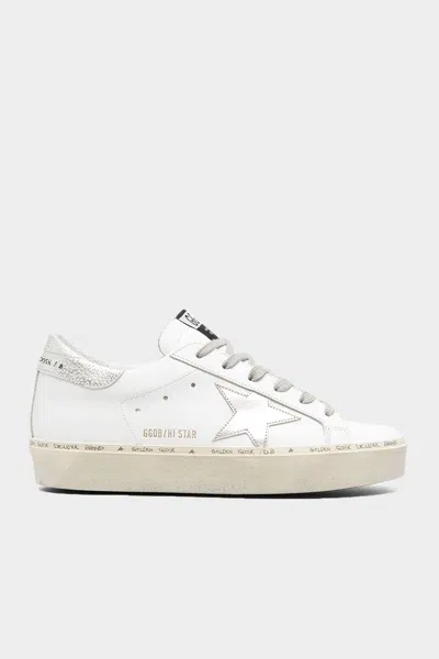 GOLDEN GOOSE HI-STAR LAMINATED STAR LEATHER SNEAKER IN WHITE SILVER