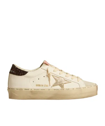 Golden Goose Hi Star With Platinum Metallic Leather Star And Glitter Heel Tab In Neutral